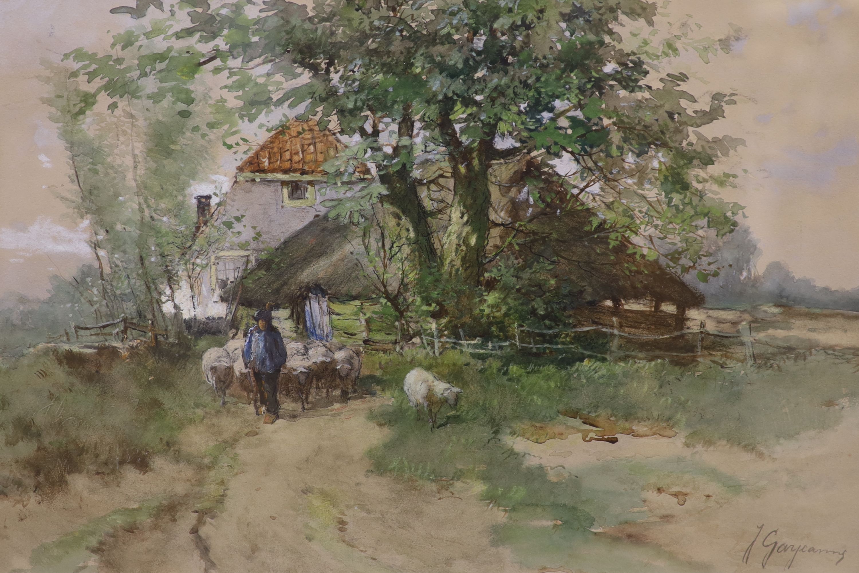 Johannes Josephus Garjeanne (1860-1930), watercolour, A Dutch homestead with sheep, signed, 33 x 48cm